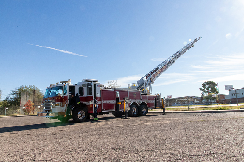 A fire truck set up for the egg drop